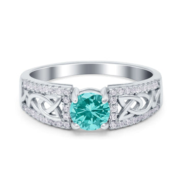 Split Celtic Engagement Ring Round Simulated Paraiba Tourmaline CZ 925 Sterling Silver